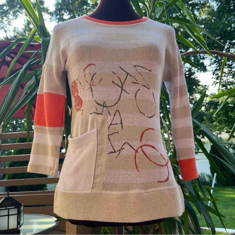 EUC Dolcezza light knit sweater - asymmetrical patch style - cream white orange